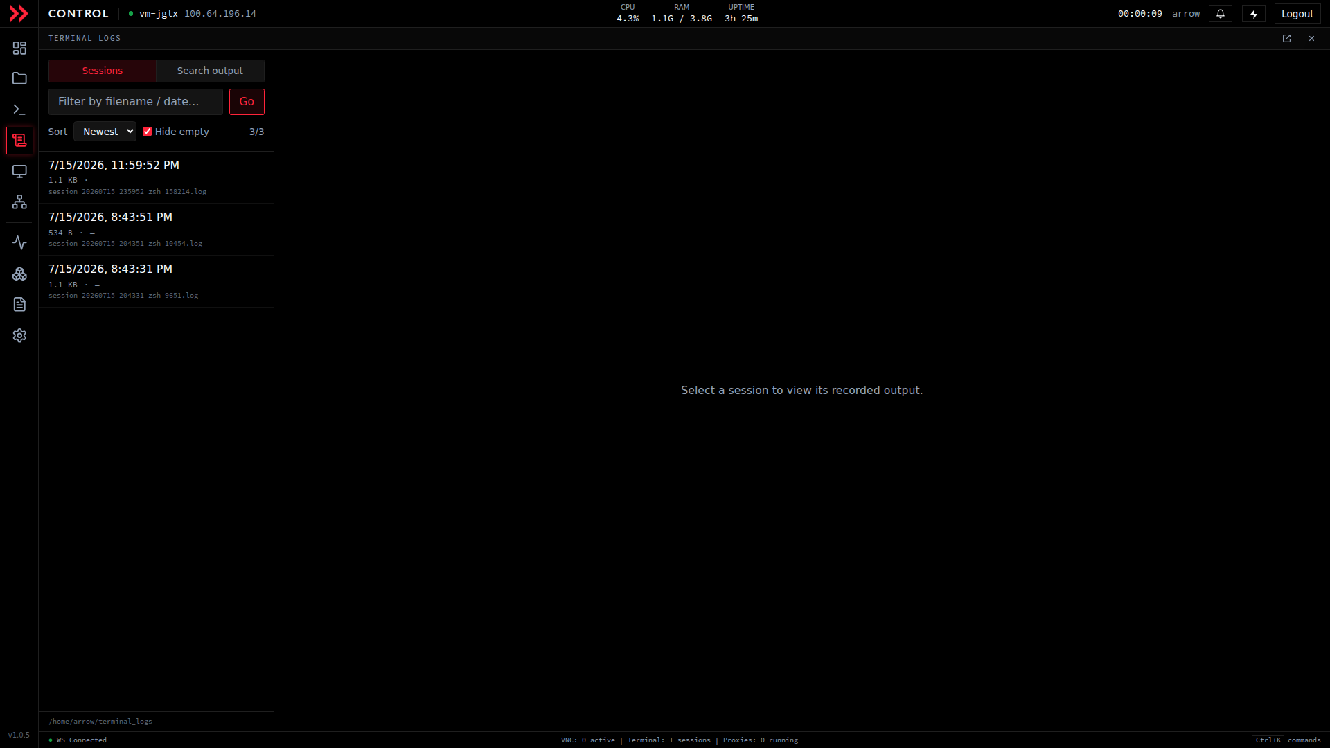 ARROW Control terminal logs listing recorded sessions