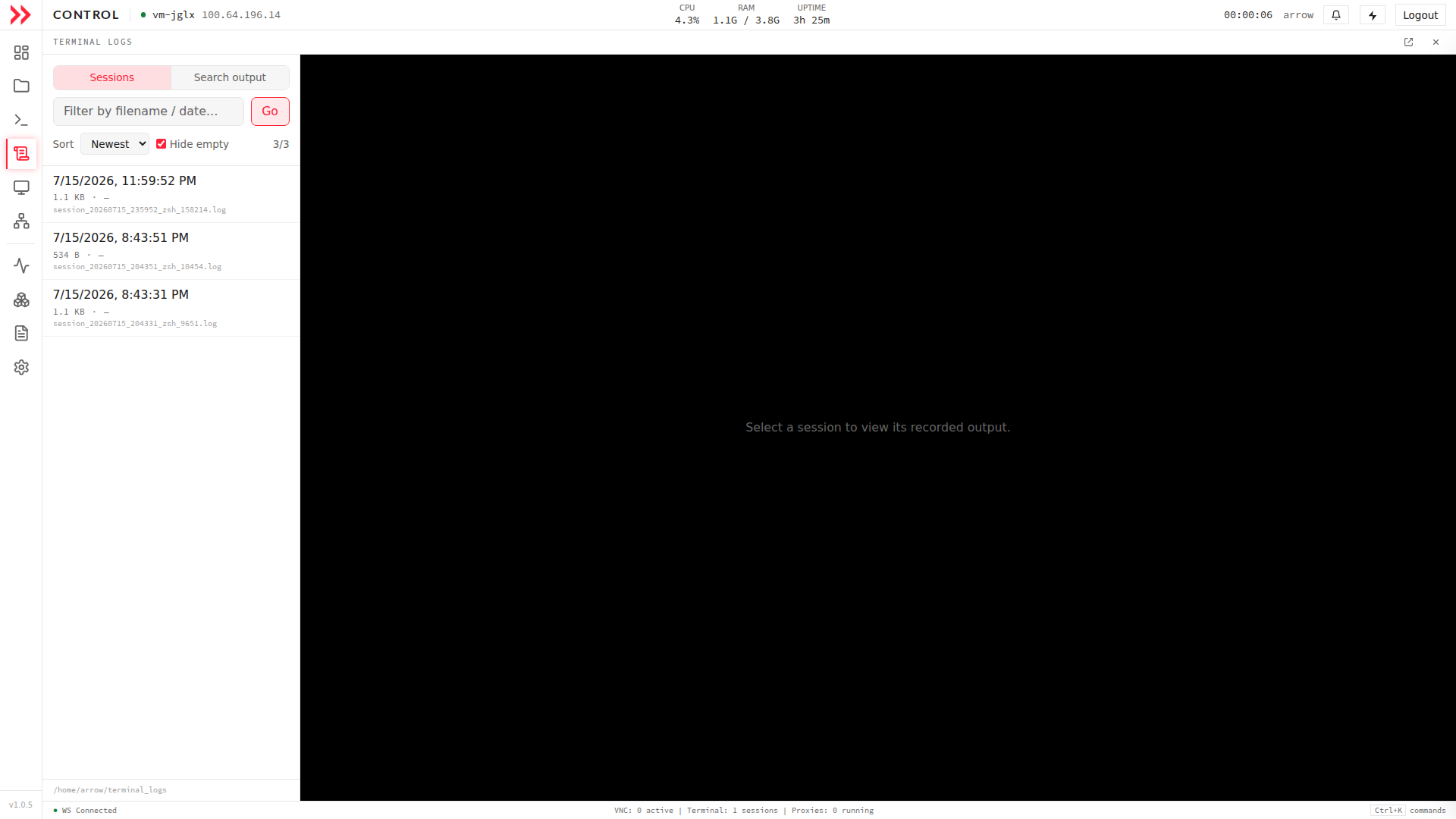 ARROW Control terminal logs listing recorded sessions
