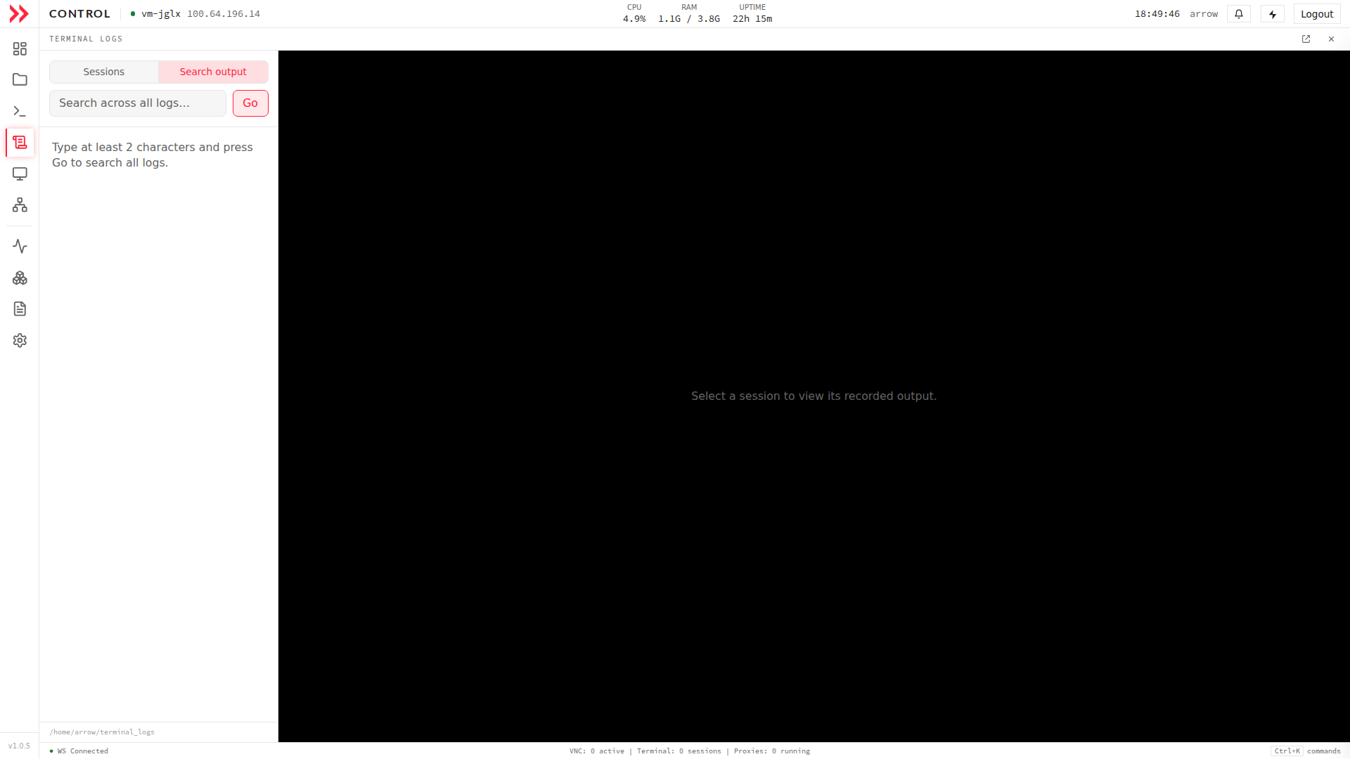 ARROW Control terminal logs Search output tab searching across all recorded sessions