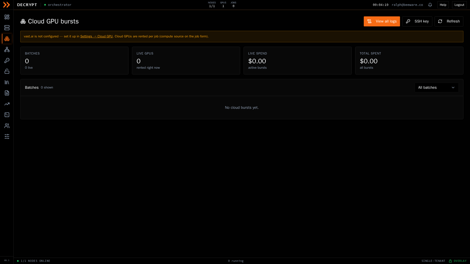 ARROW Decrypt Cloud screen showing burst batches, spend tiles, and lifecycle