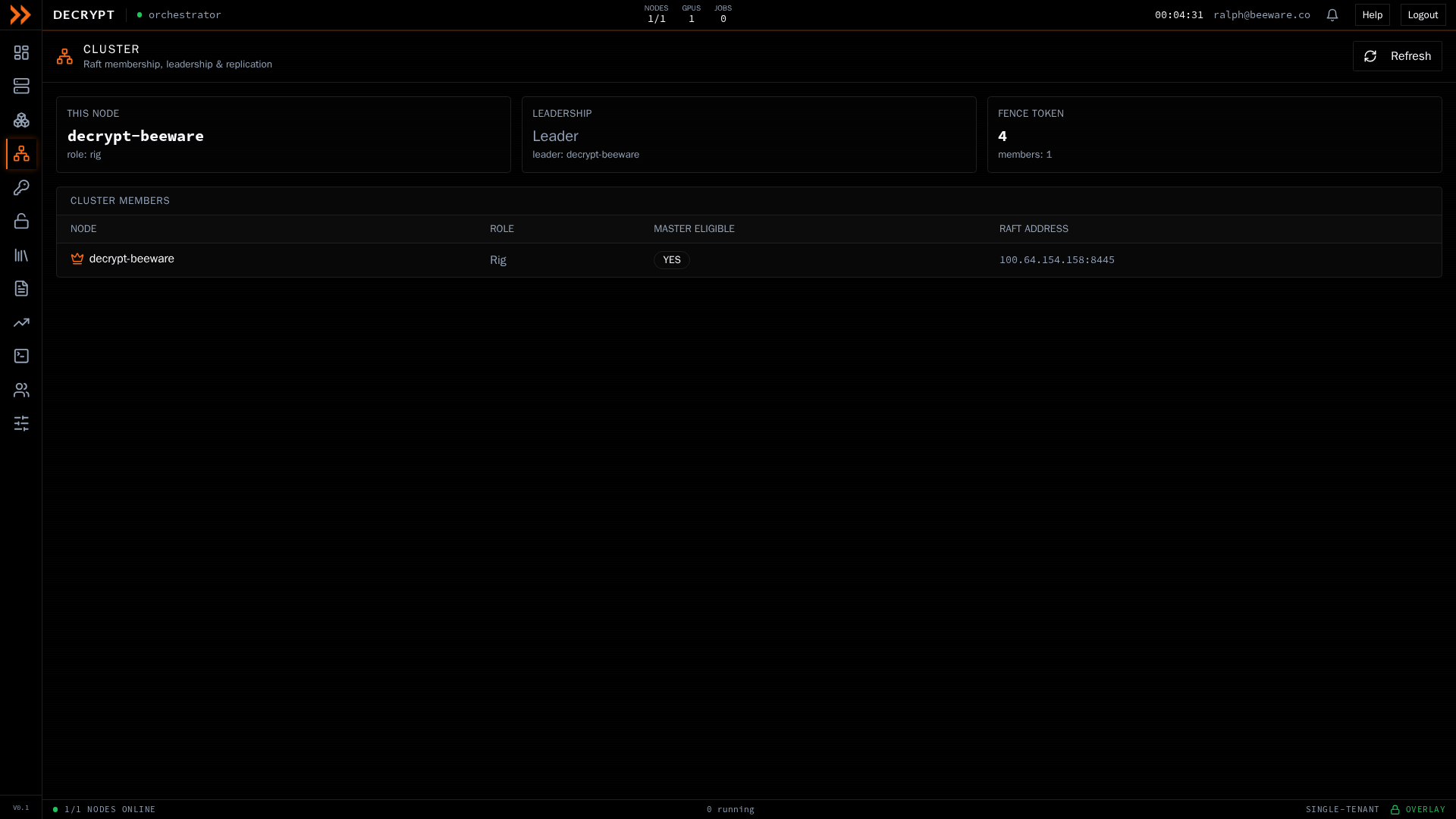 ARROW Decrypt Cluster screen showing members, leadership, and replication status