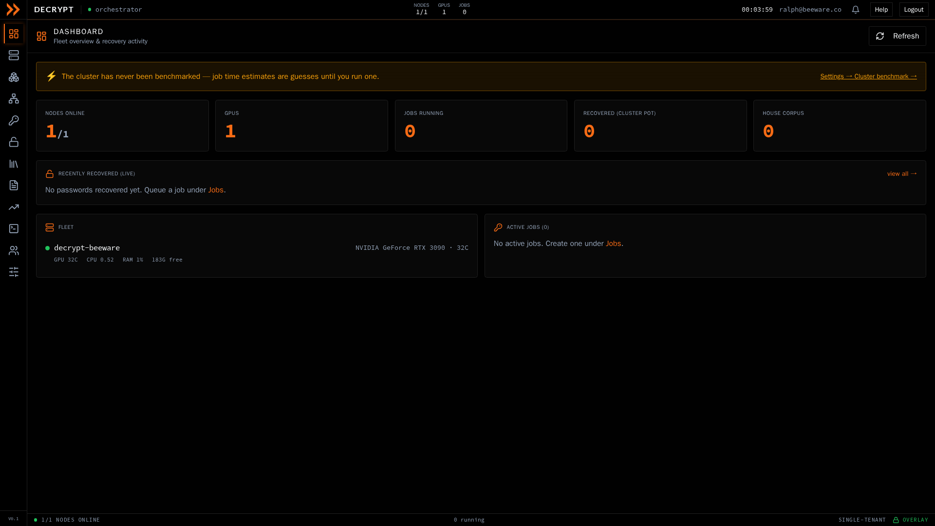 ARROW Decrypt dashboard showing fleet stats, recent recoveries, and active jobs