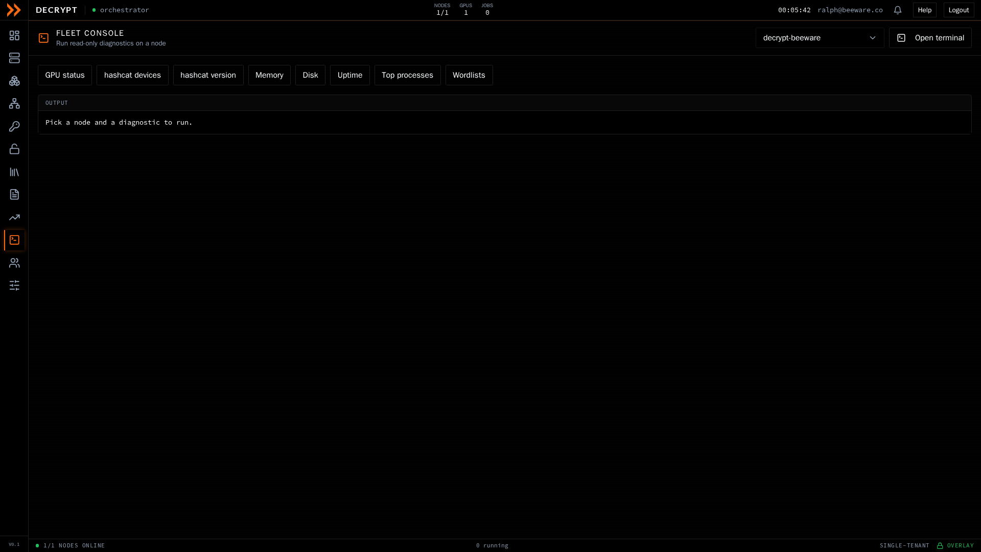 ARROW Decrypt Fleet Console with a node selector and diagnostic buttons
