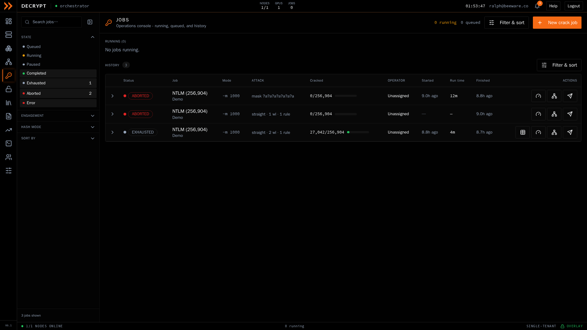 ARROW Decrypt Jobs screen with the filter rail, running section, and history table