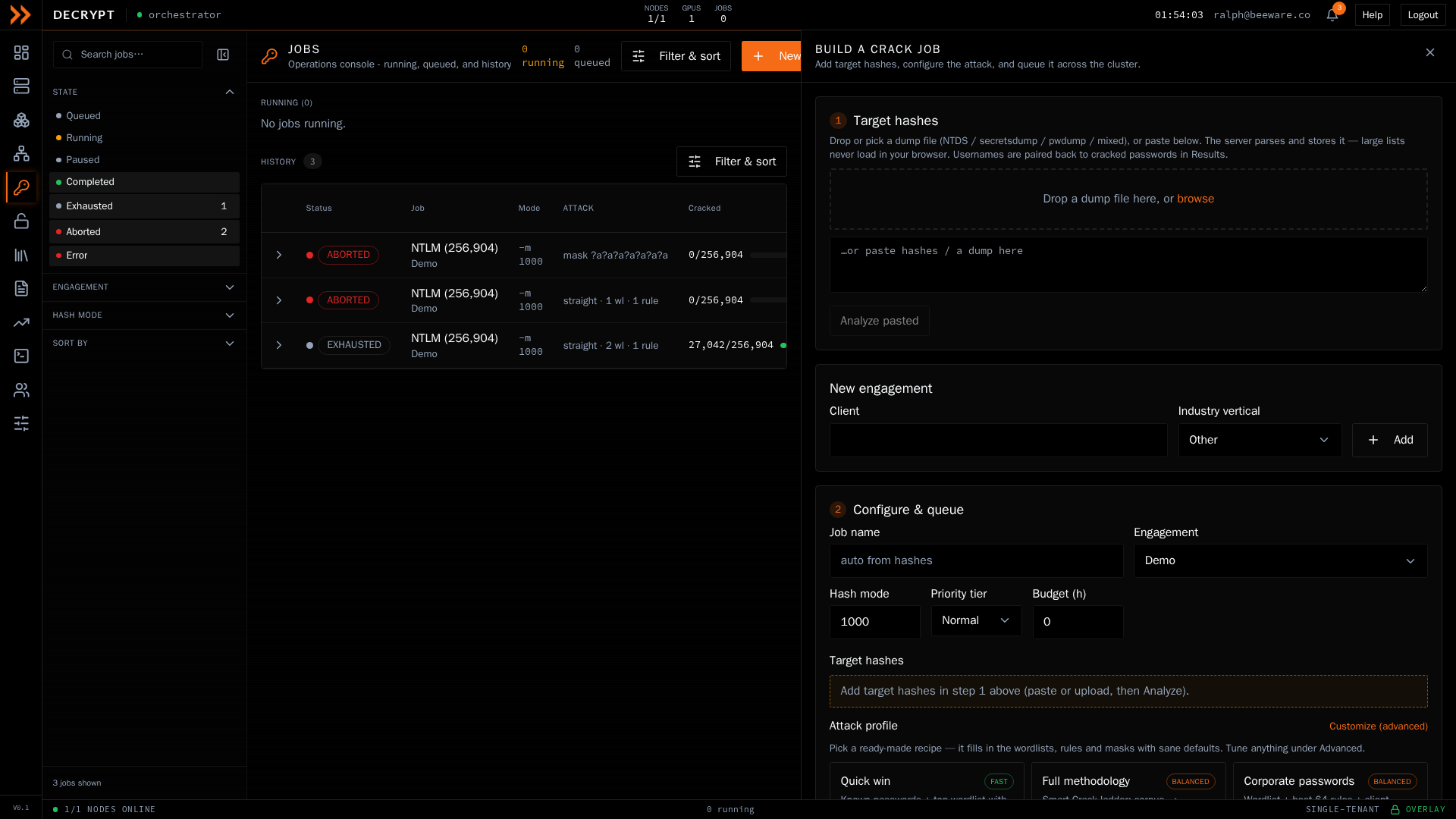 The Build a crack job panel with hash intake, engagement, and attack configuration