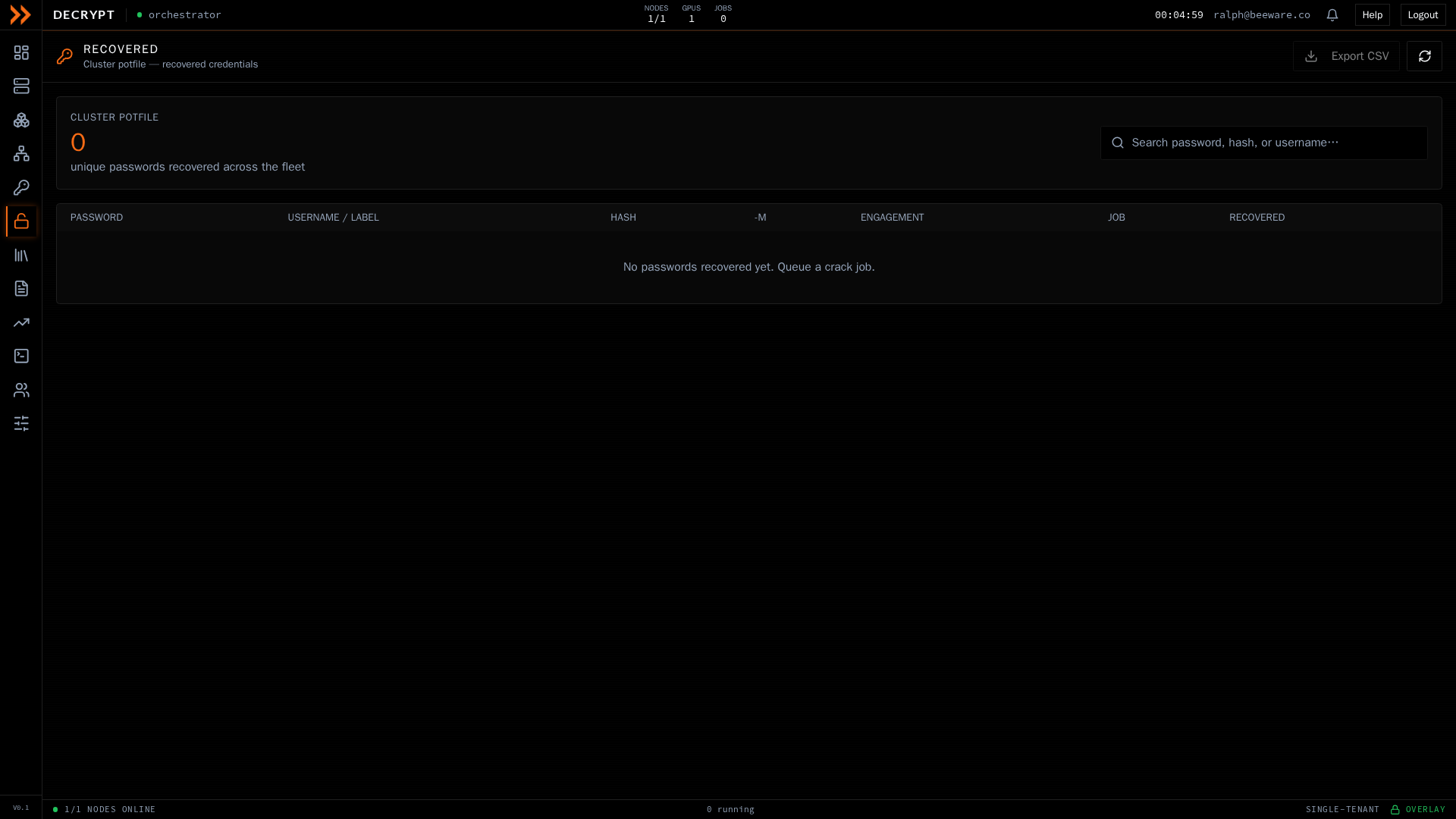 ARROW Decrypt Recovered screen showing the cluster potfile and search