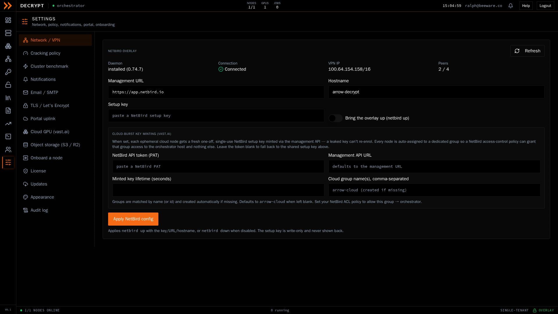 ARROW Decrypt Settings screen with the section rail