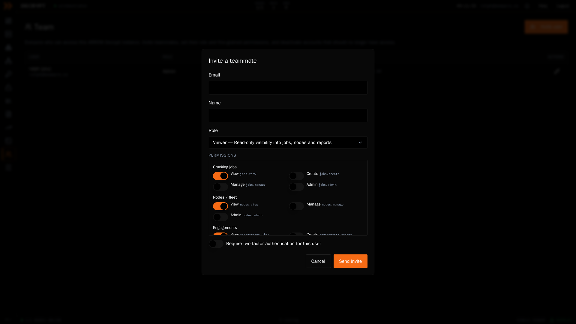 The Invite a teammate dialog with role and granular permissions