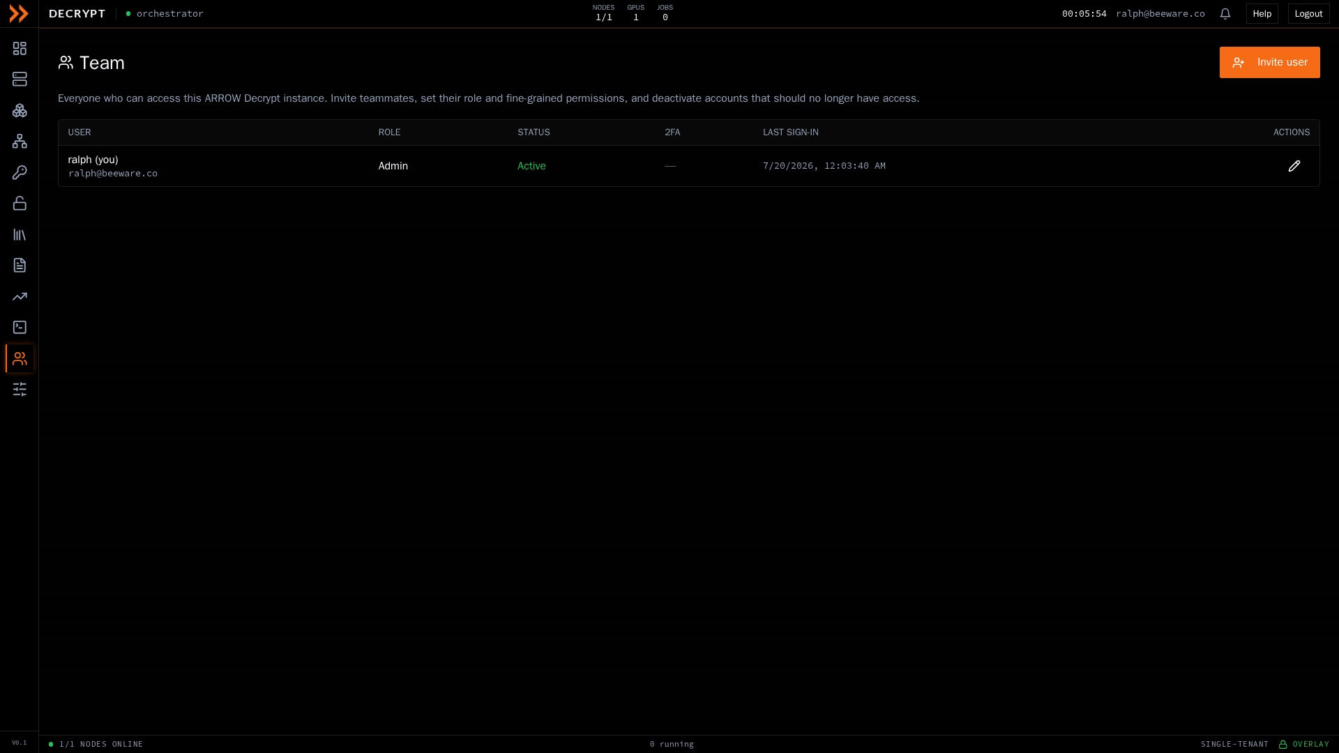 ARROW Decrypt Team screen listing users with roles and status