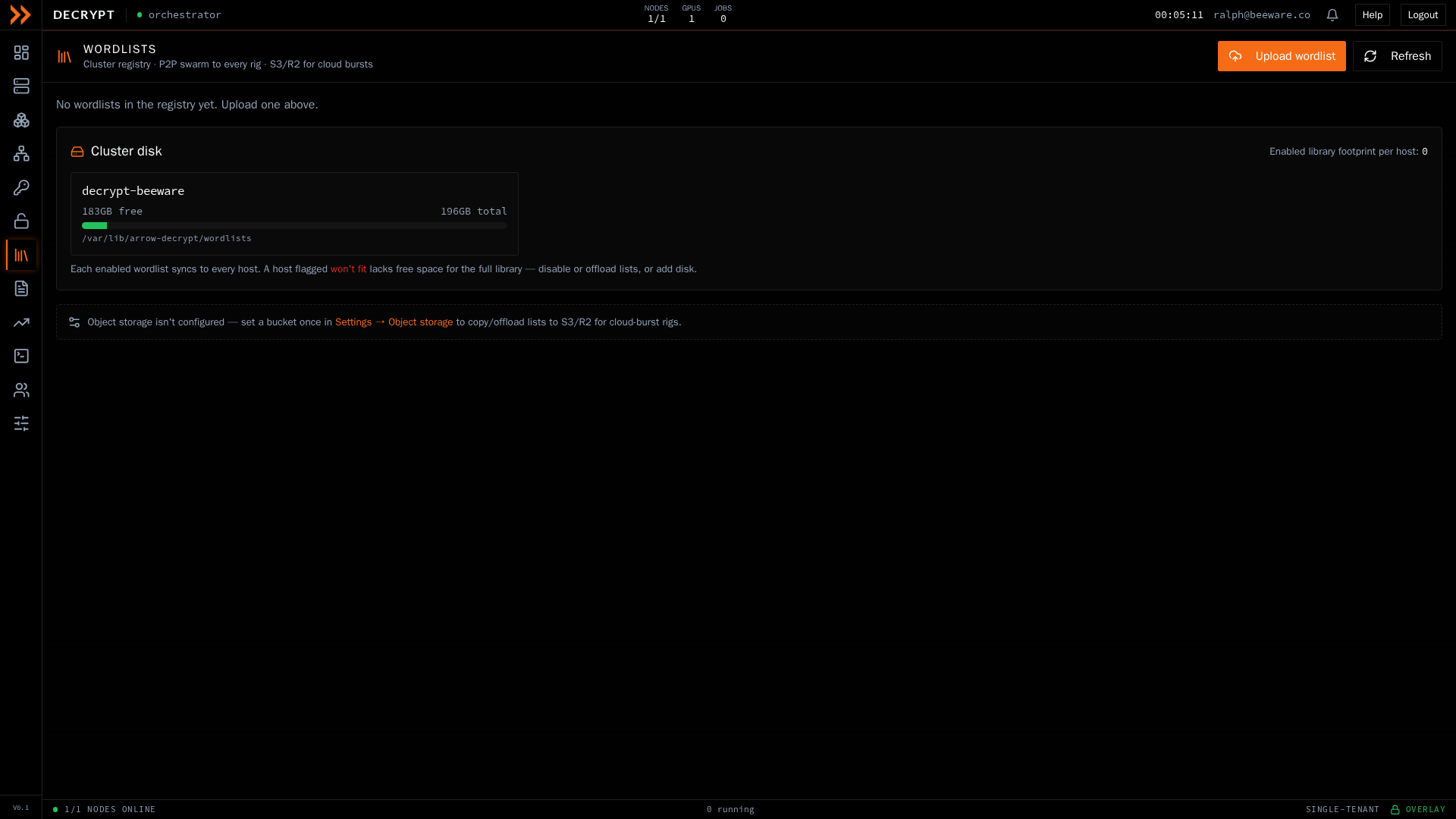 ARROW Decrypt Wordlists registry with per-rig sync status and cluster disk usage