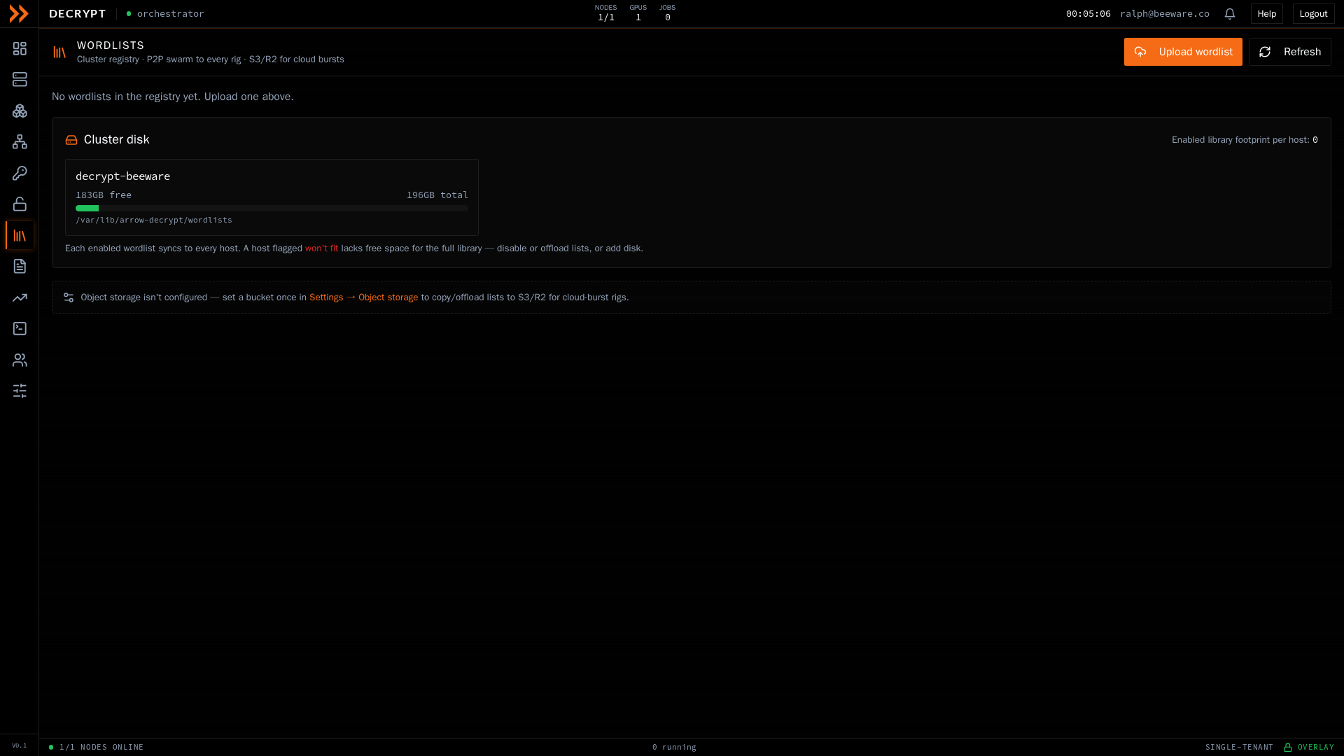 ARROW Decrypt Wordlists registry with per-rig sync status and cluster disk usage