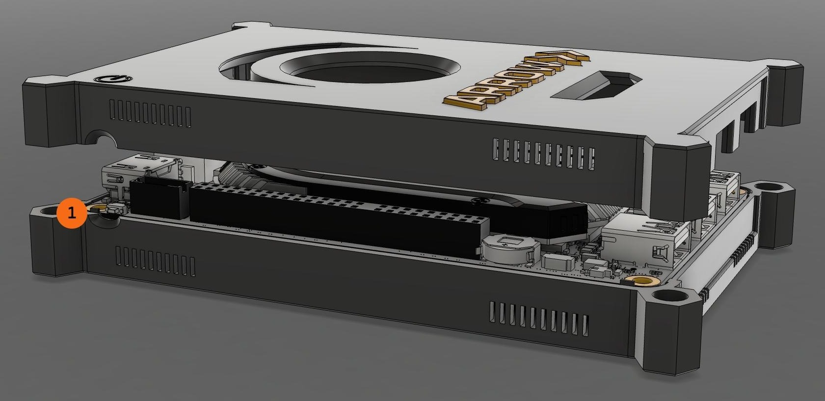 The ARROW device with the lid lifted clear, showing the power button numbered 1 below the opening in the side of the case