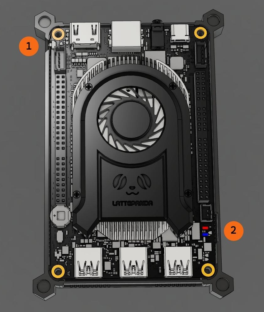 The ARROW board seen from above, with the power button numbered 1 at the top left corner and the red and blue indicator lights numbered 2 on the right edge