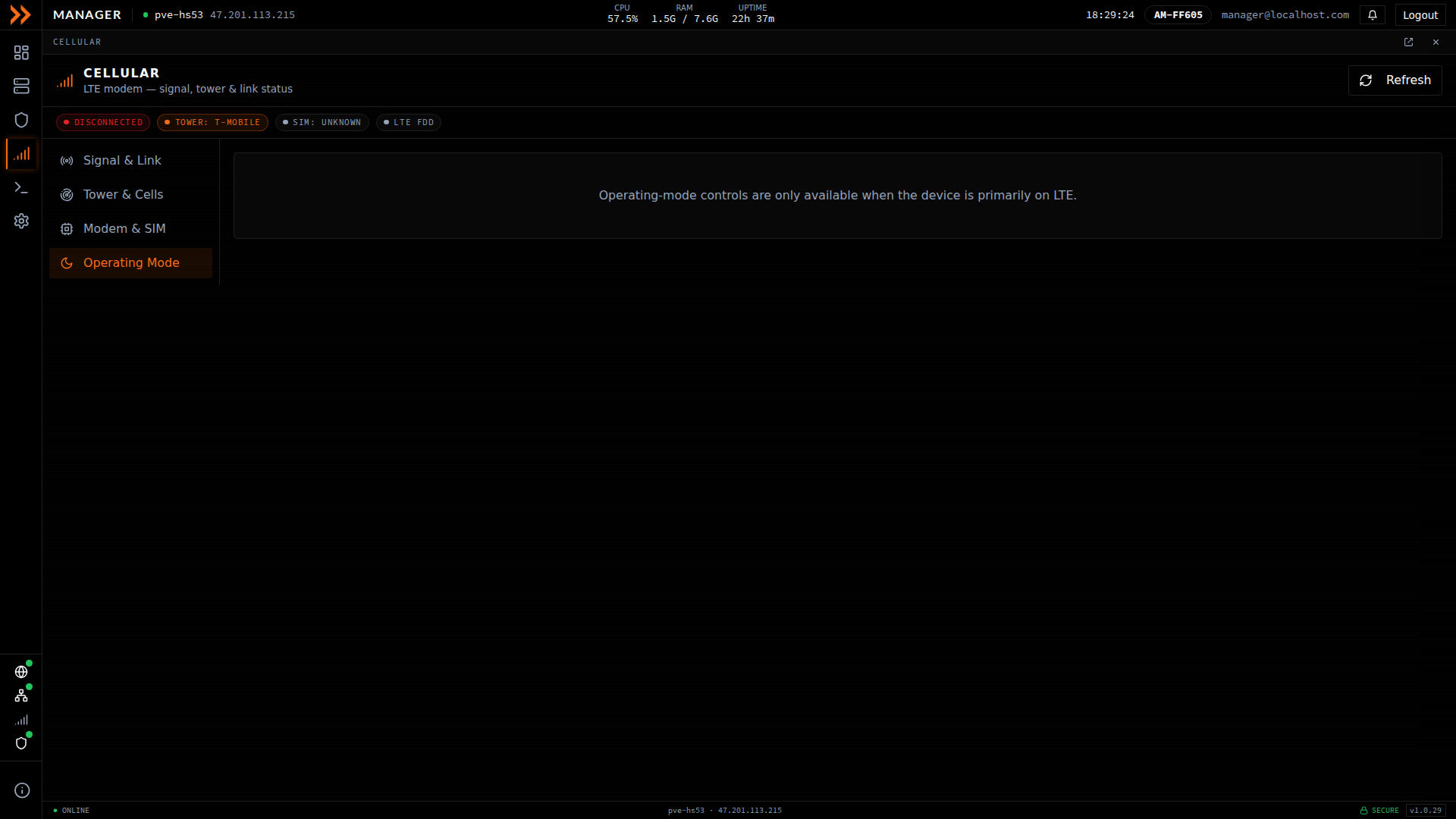 ARROW Manager Operating Mode view