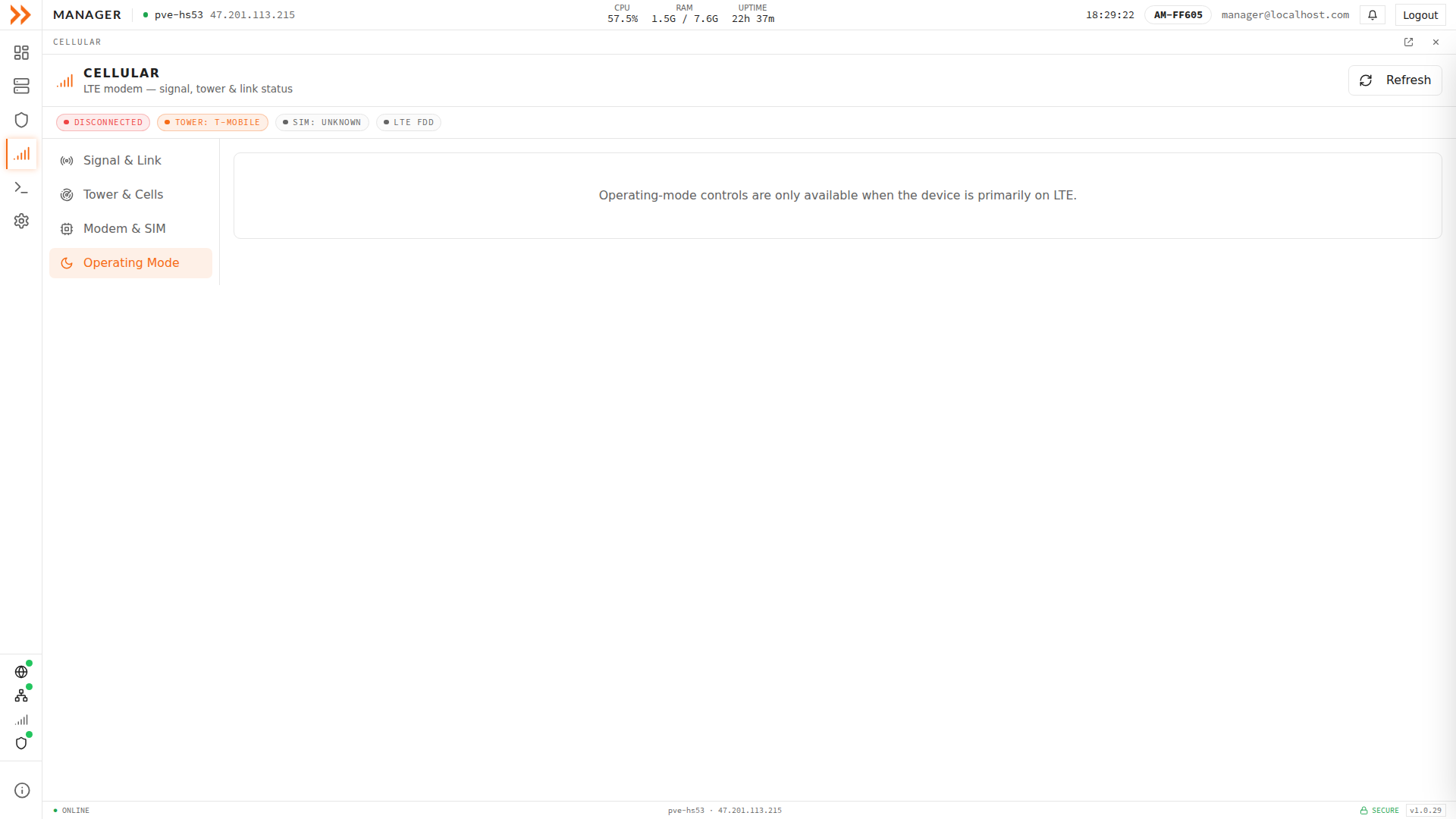 ARROW Manager Operating Mode view