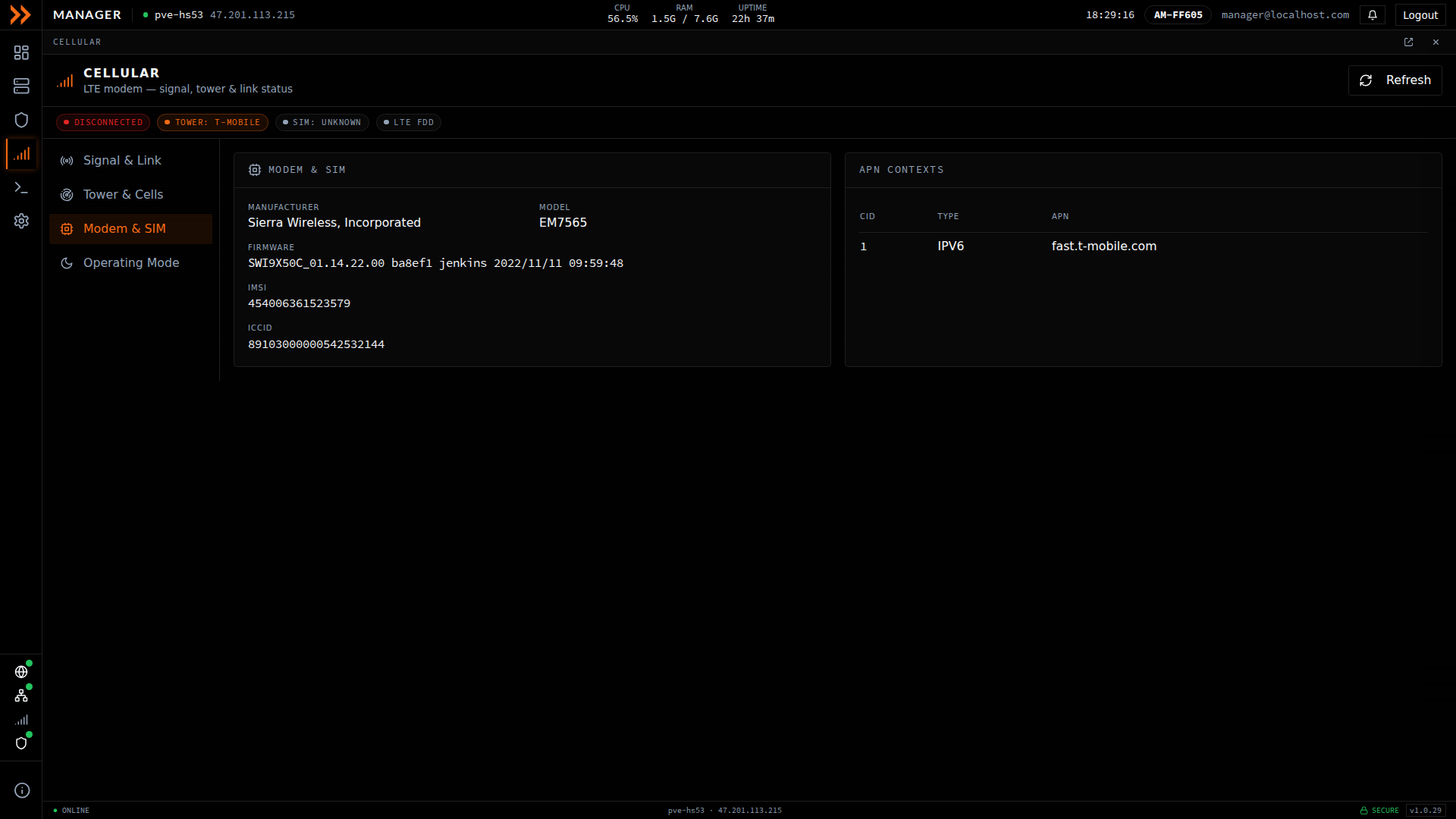 ARROW Manager Modem and SIM view with modem identity, SIM identifiers, and APN contexts