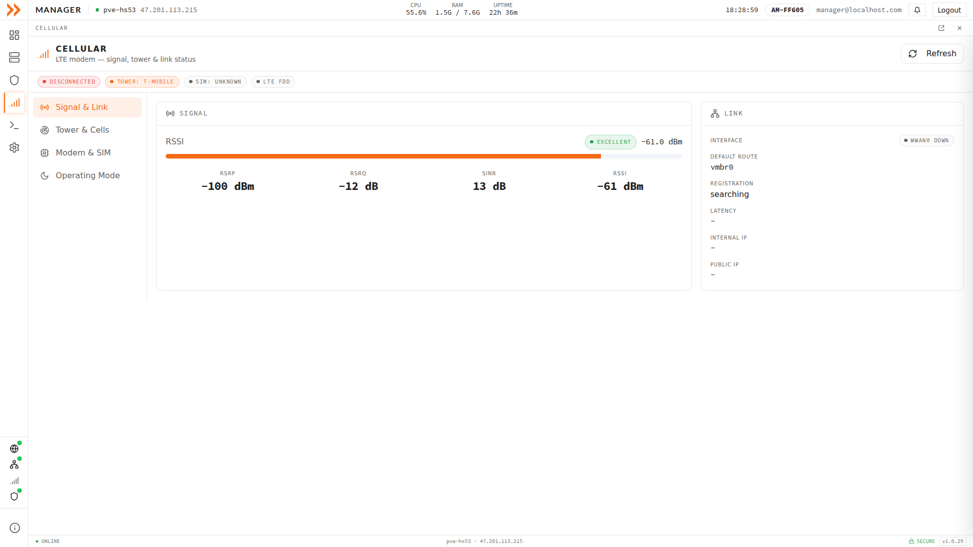 ARROW Manager cellular Signal and Link view with RSSI bar and link status