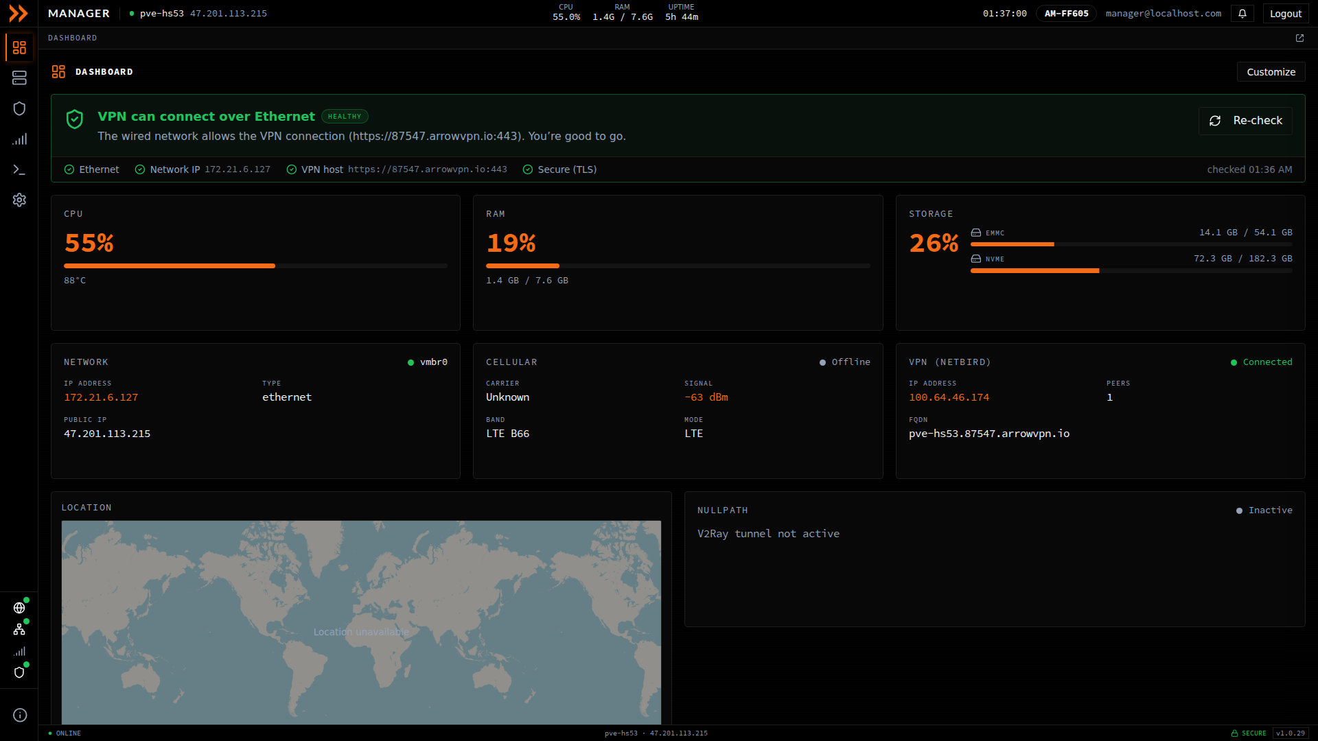 ARROW Manager dashboard showing system, network, cellular, and VPN status