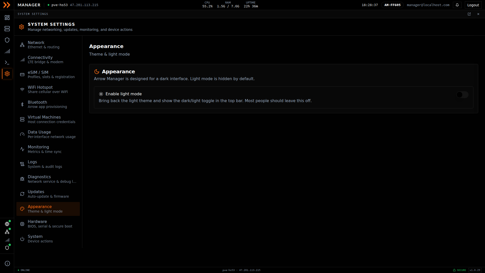 Appearance settings showing the light mode toggle