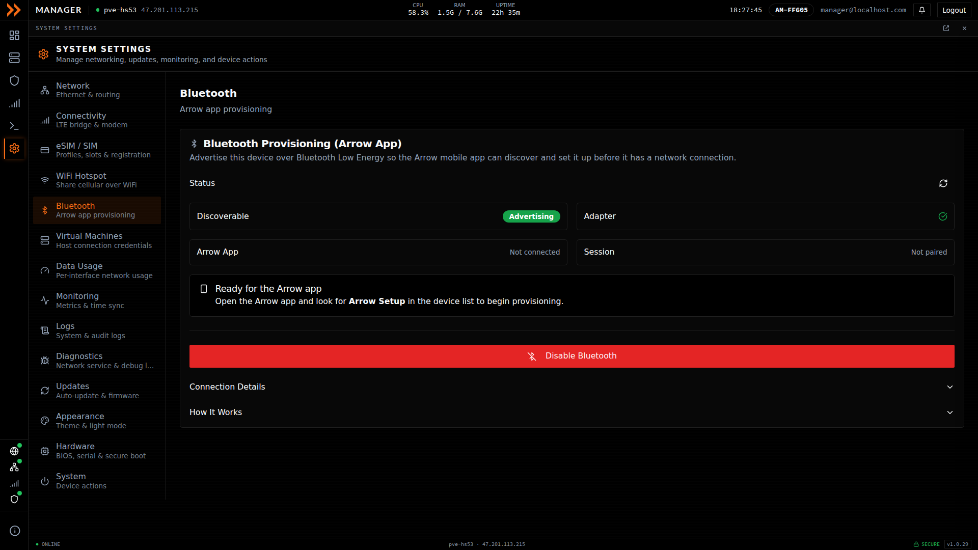 Bluetooth settings showing BLE advertising status for ARROW app provisioning