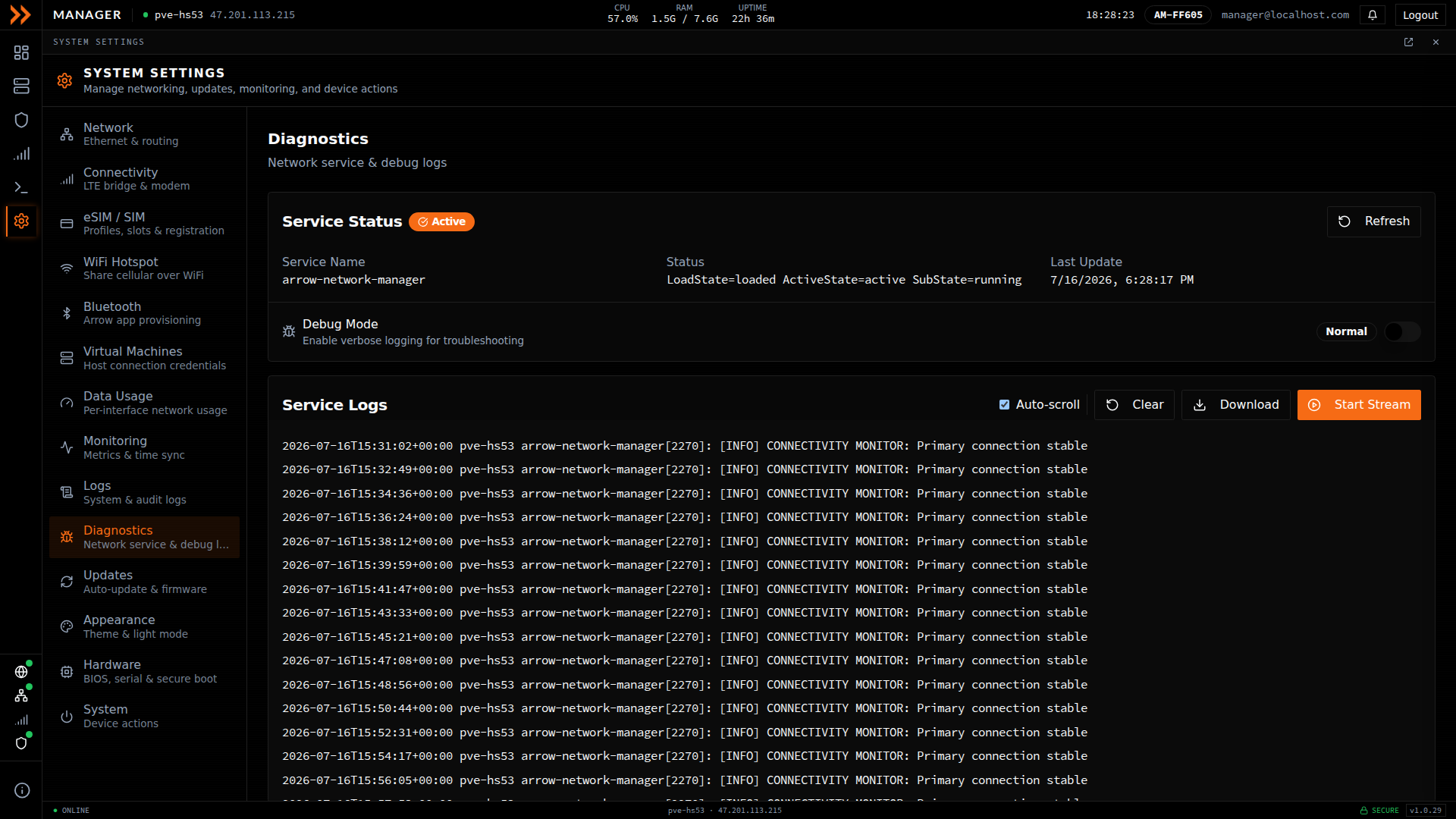 Diagnostics settings showing network service status and streamable debug logs