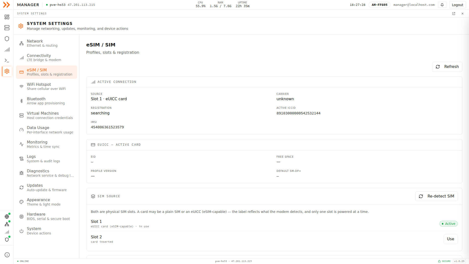 eSIM and SIM settings showing active connection, eUICC card details, and SIM slots