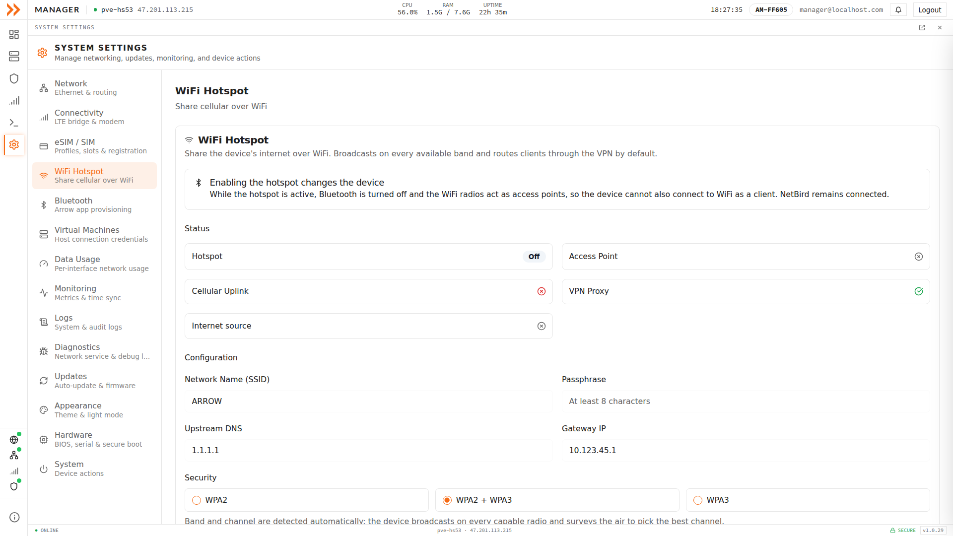 WiFi Hotspot settings showing SSID, passphrase, security, and uplink configuration