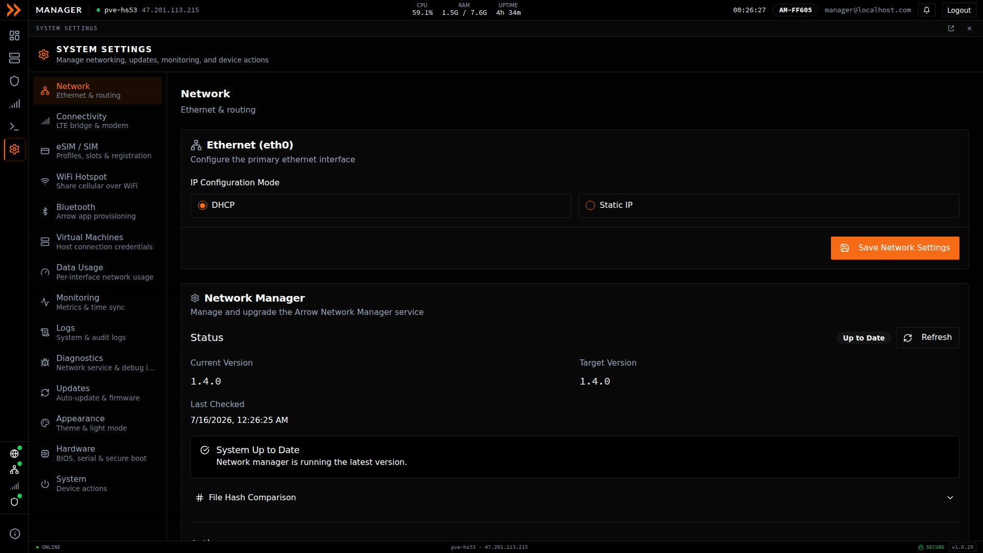 ARROW Manager settings showing the Network Manager version and update status