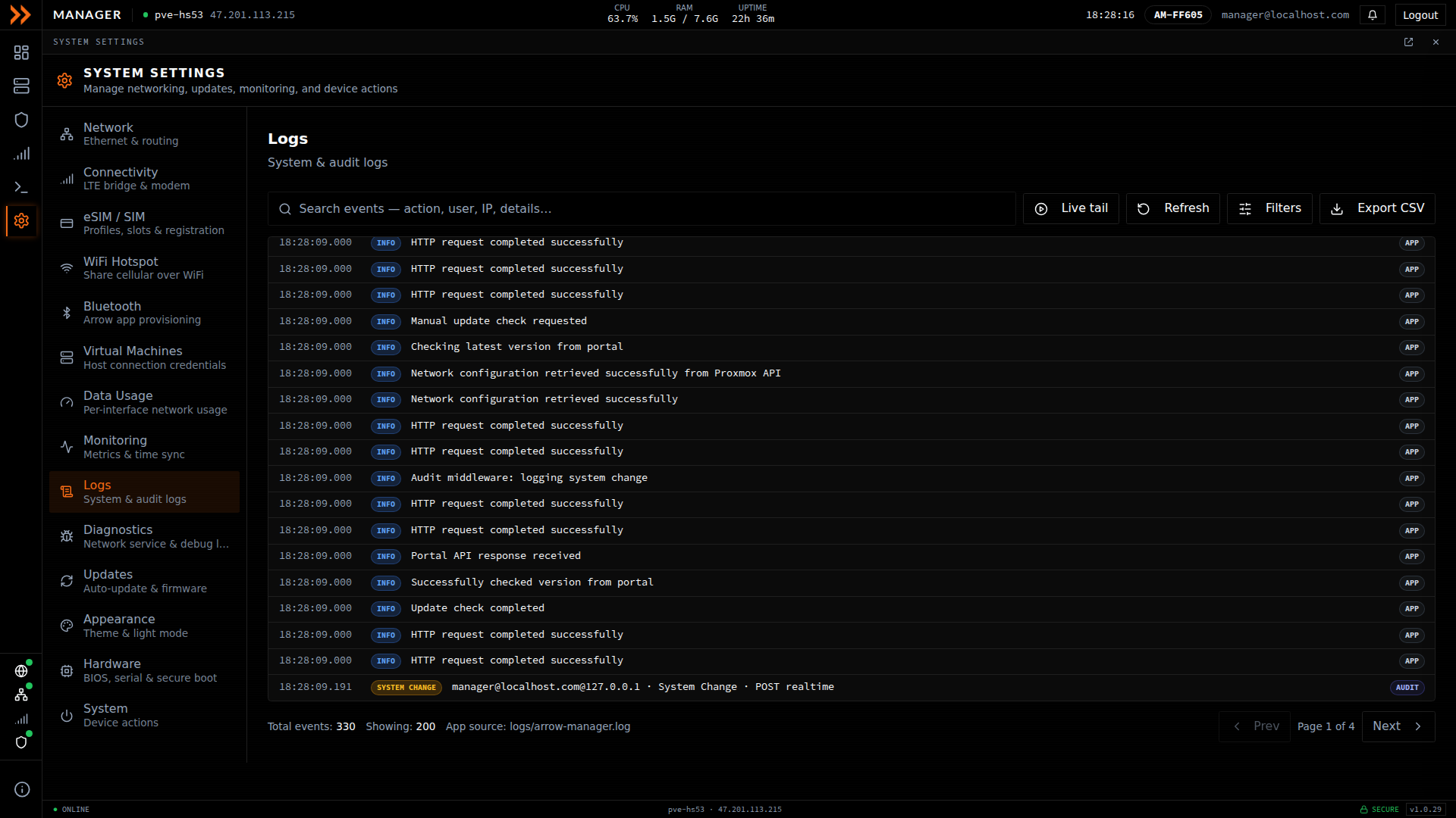 Logs settings showing searchable system and audit log events