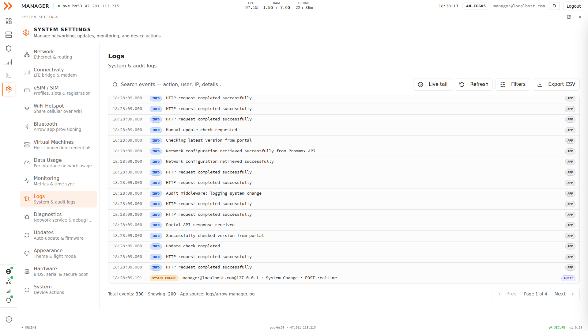 Logs settings showing searchable system and audit log events