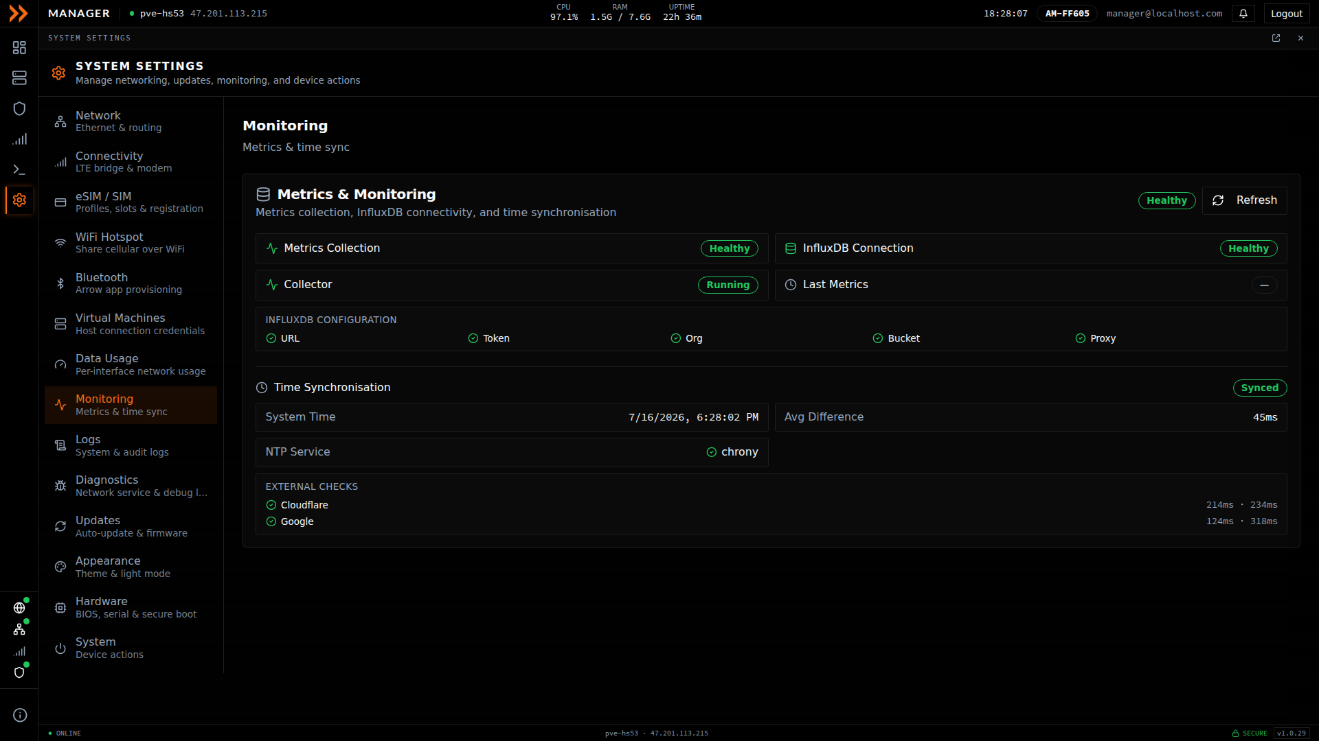 Monitoring settings showing metrics collection health, InfluxDB connection, and time synchronization