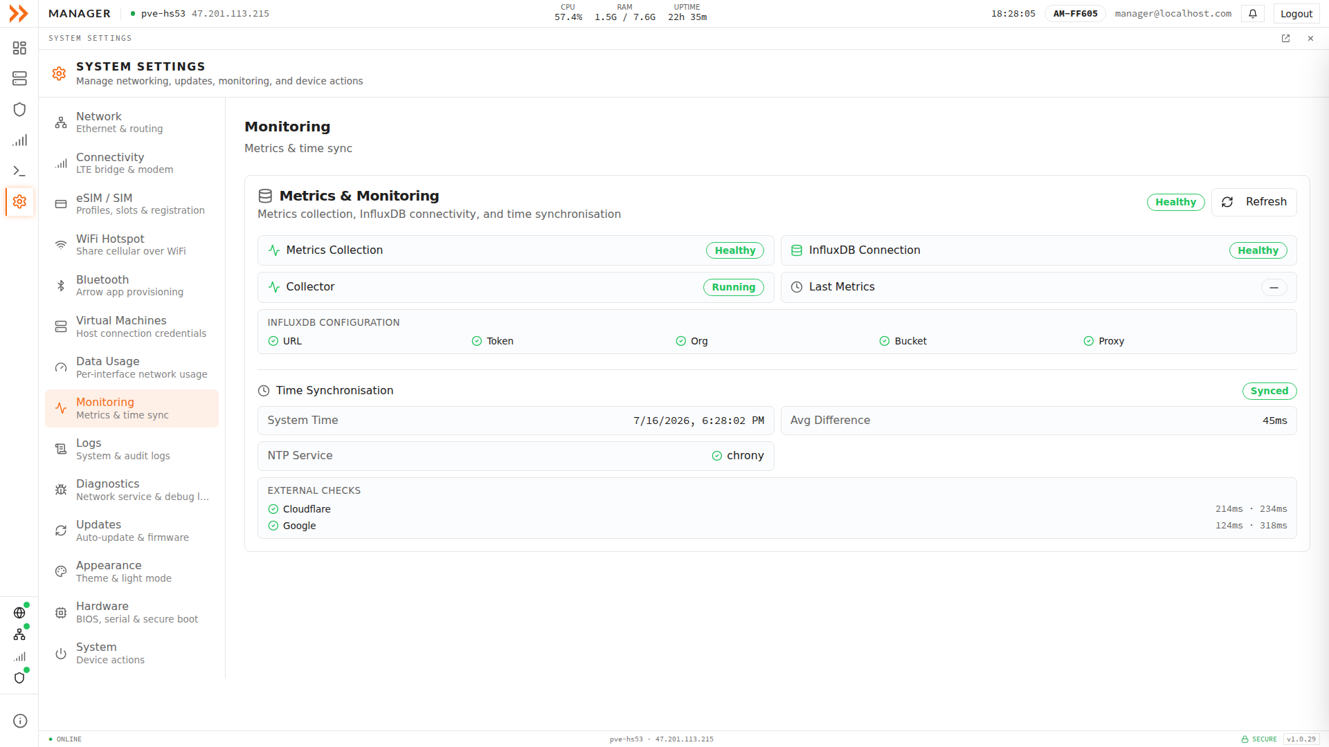Monitoring settings showing metrics collection health, InfluxDB connection, and time synchronization