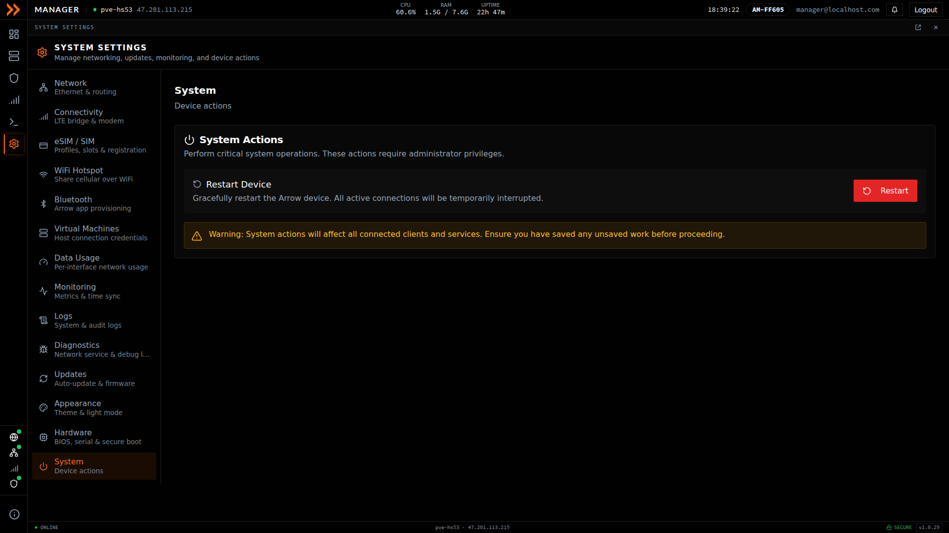 System settings showing device actions such as reboot and power off
