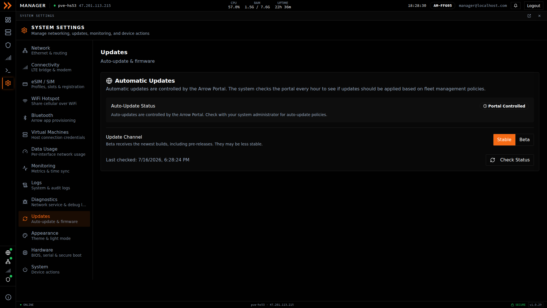 Updates settings showing portal-controlled automatic updates and the Stable versus Beta channel