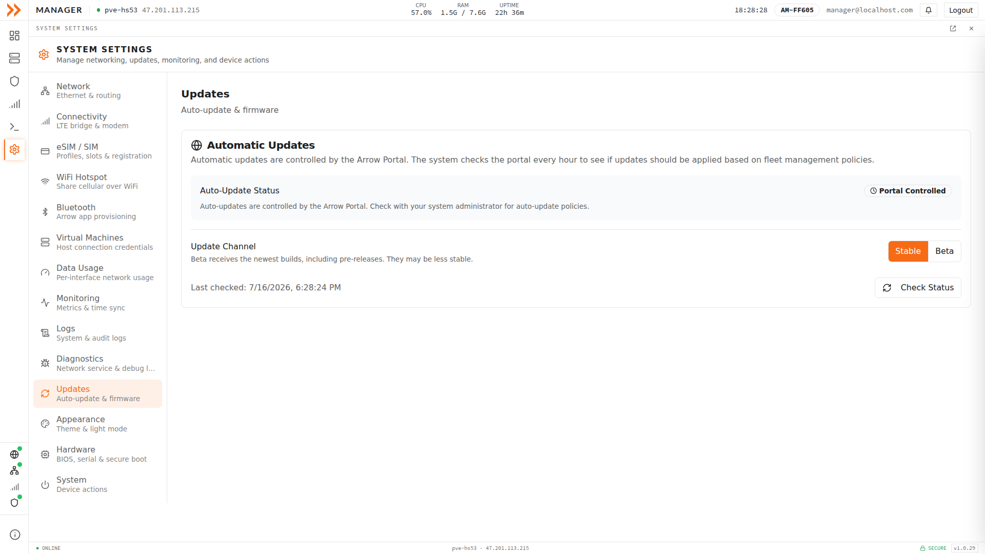 Updates settings showing portal-controlled automatic updates and the Stable versus Beta channel