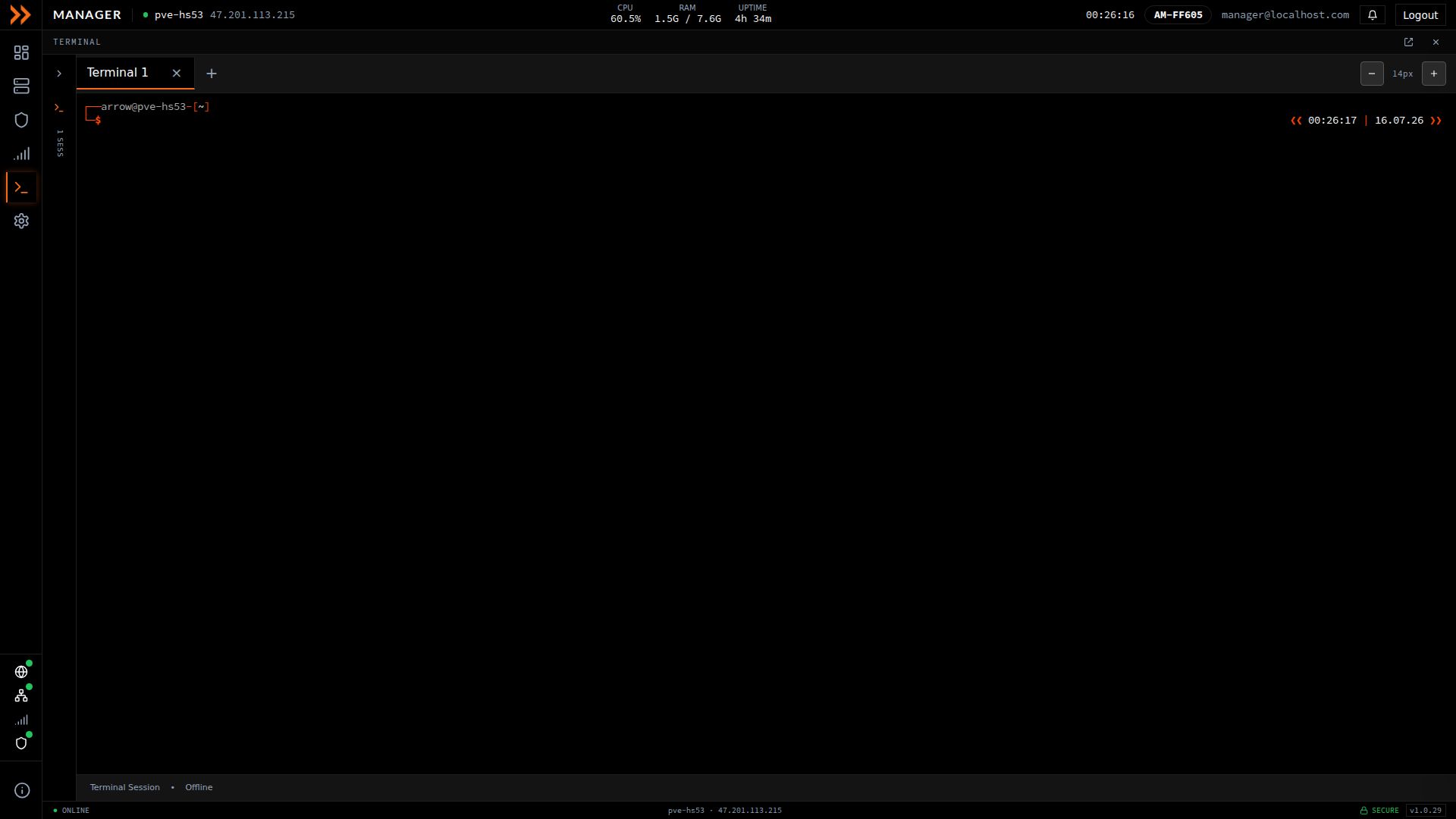 ARROW Manager built-in terminal with a tabbed session