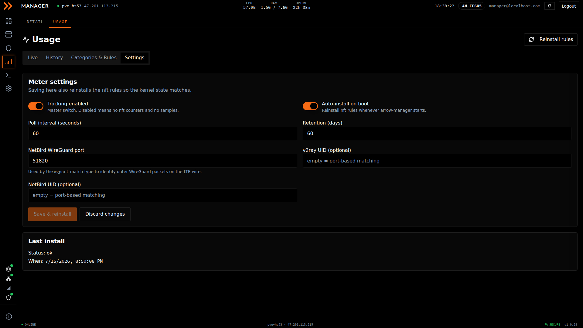 ARROW Manager Usage Settings tab with tracking, auto-install, poll interval, and retention