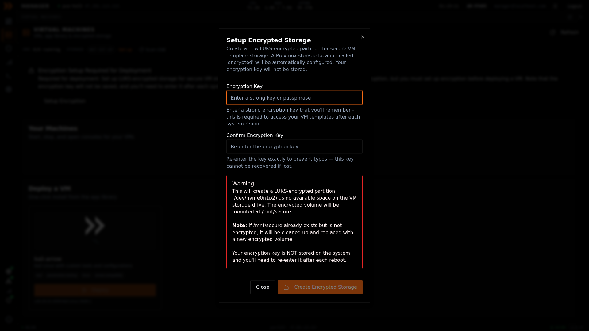 Setup Encrypted Storage dialog