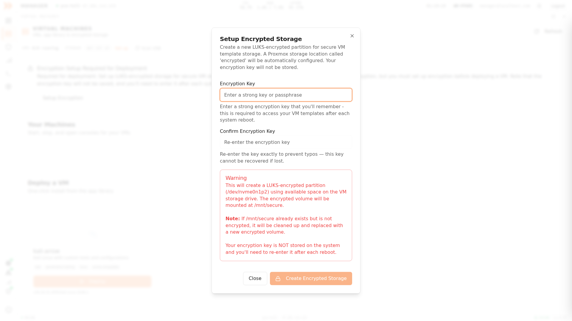 Setup Encrypted Storage dialog