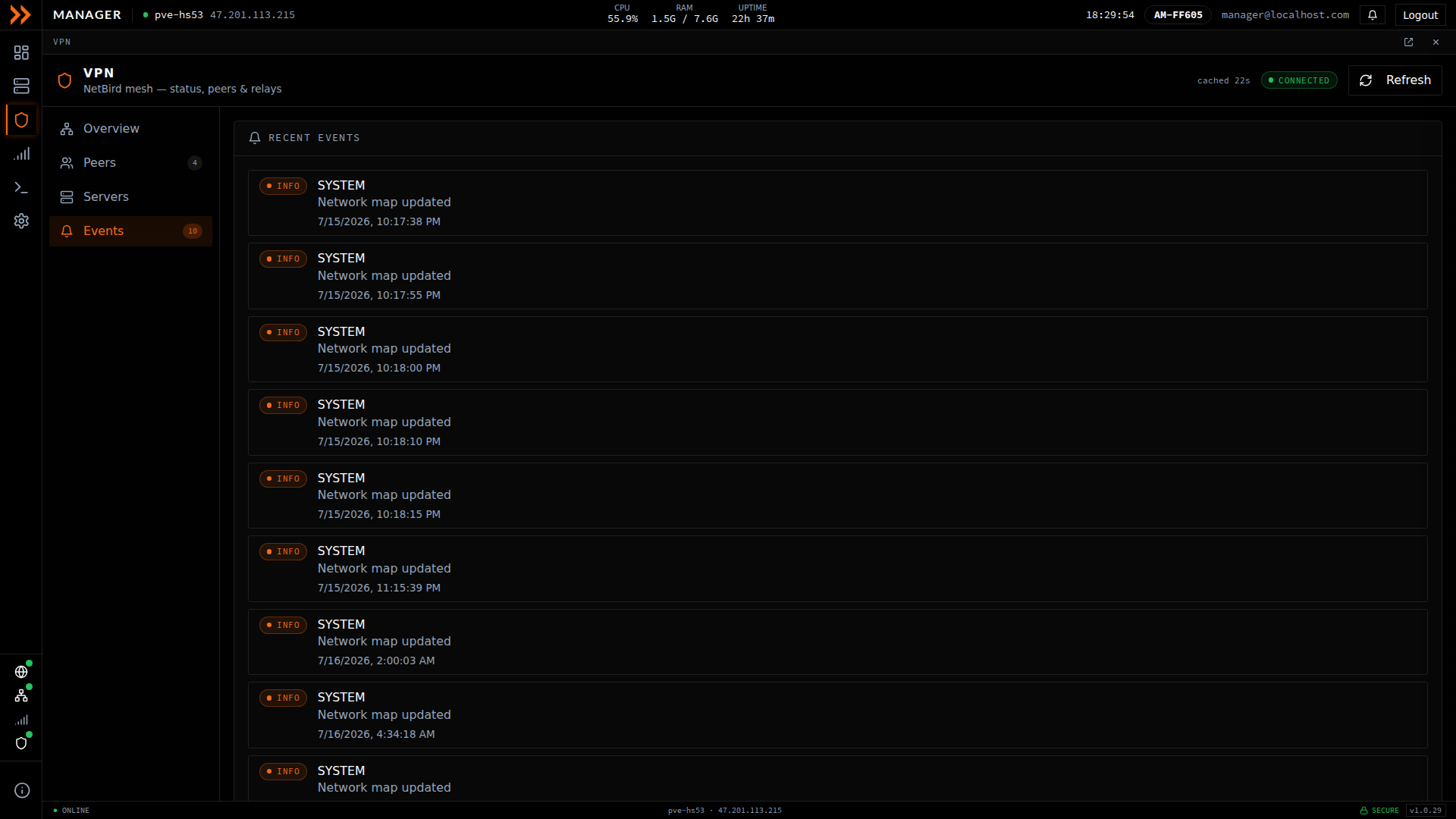 ARROW Manager VPN Events log with severity, category, message, and timestamp
