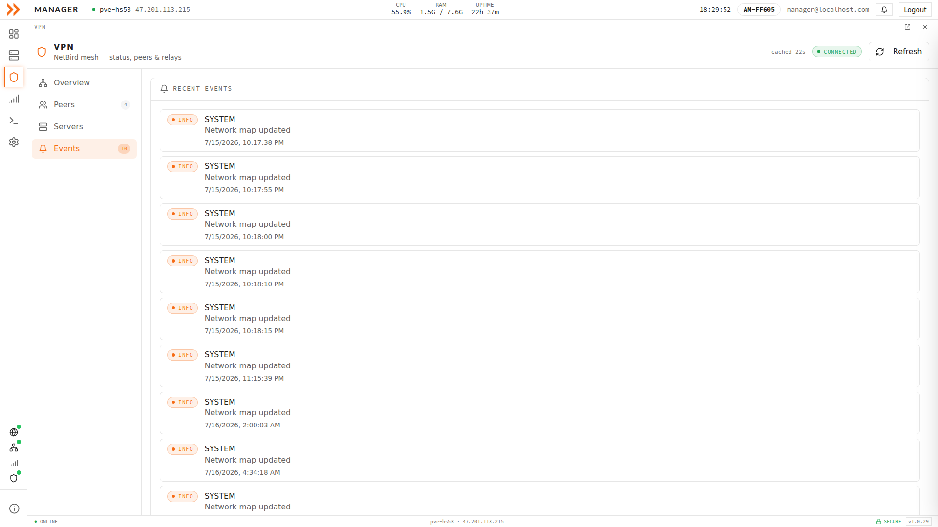 ARROW Manager VPN Events log with severity, category, message, and timestamp