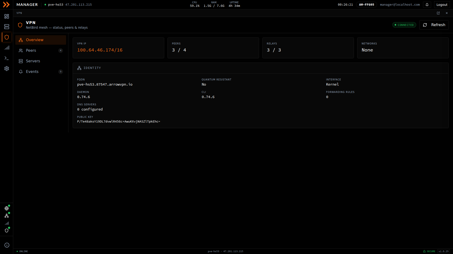 ARROW Manager VPN page showing NetBird connection status, peers, and relays
