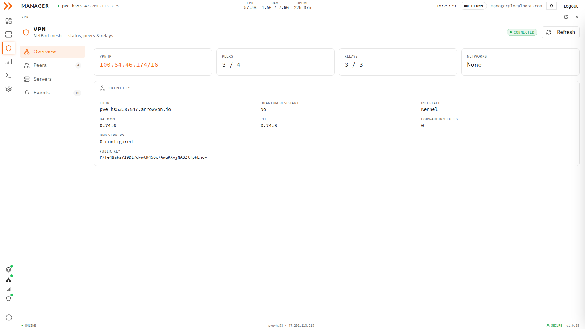 ARROW Manager VPN Overview with VPN IP, peer and relay counts, and NetBird identity