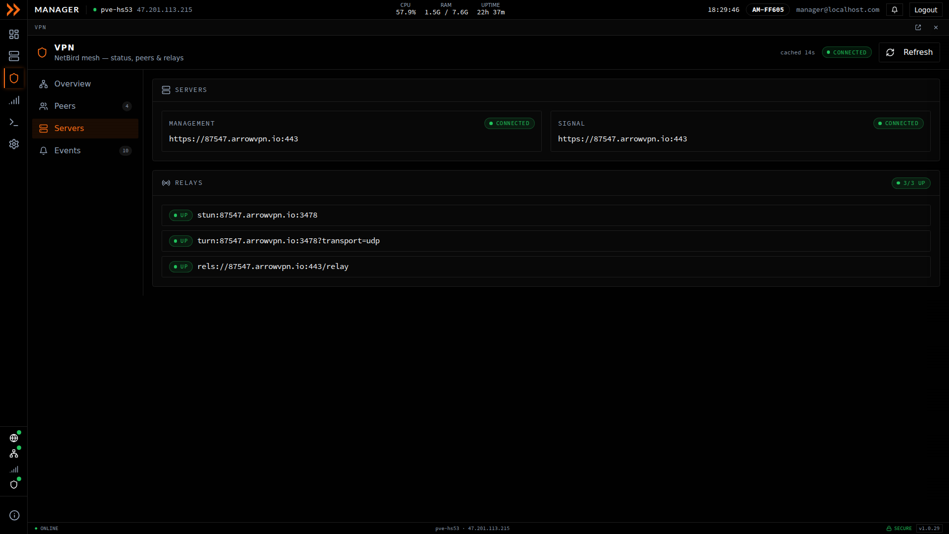 ARROW Manager VPN Servers view with management, signal, and relay server status