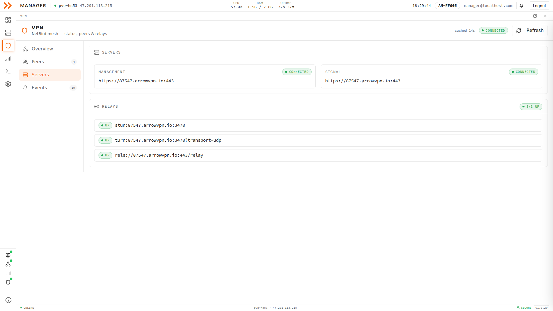 ARROW Manager VPN Servers view with management, signal, and relay server status