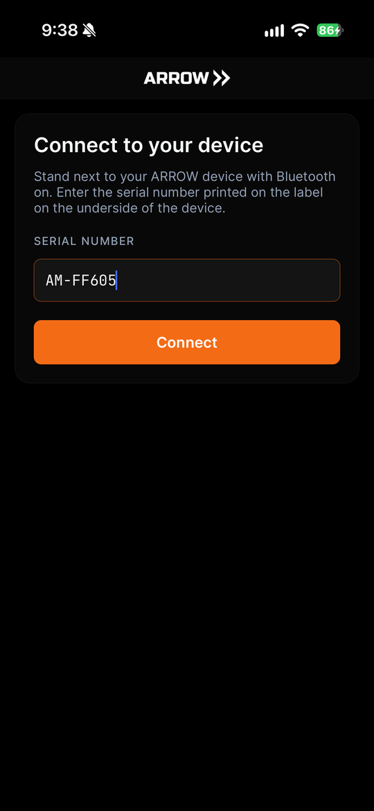 The ARROW Setup connect screen, with a serial number field and a Connect button
