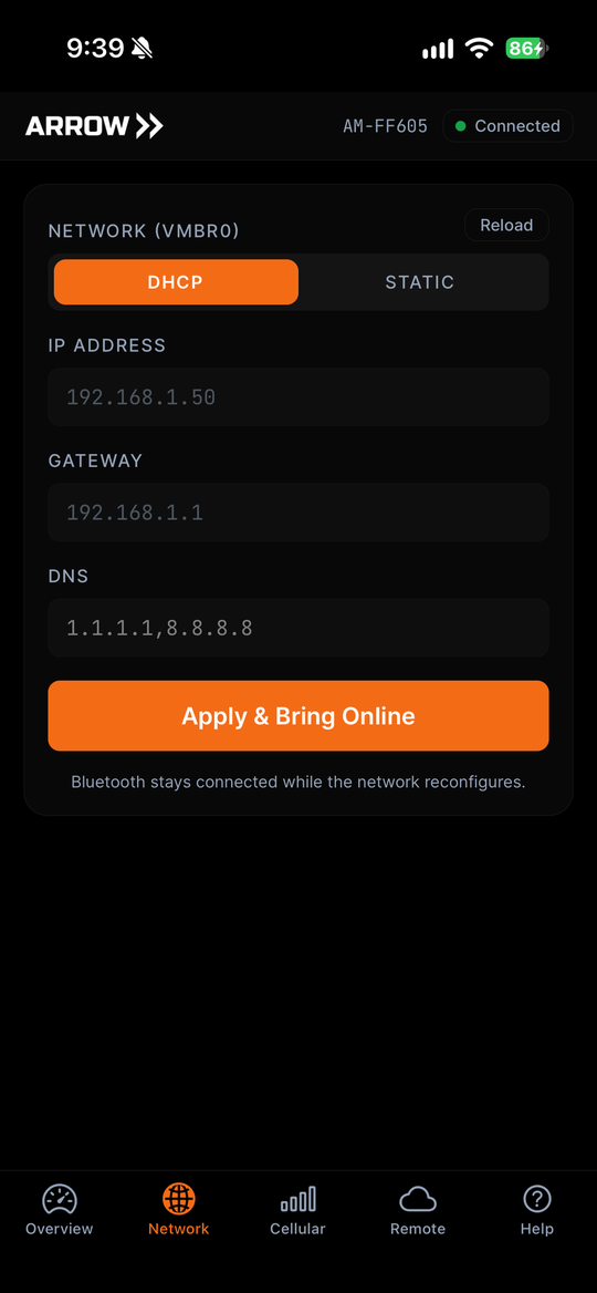 The Network tab with DHCP and STATIC options, and fields for IP address, gateway and DNS