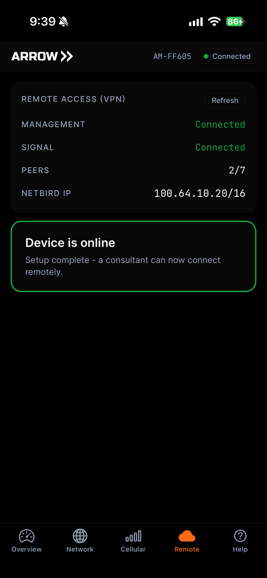 The Remote tab showing management and signal connected, peer count, and a confirmation that the device is online