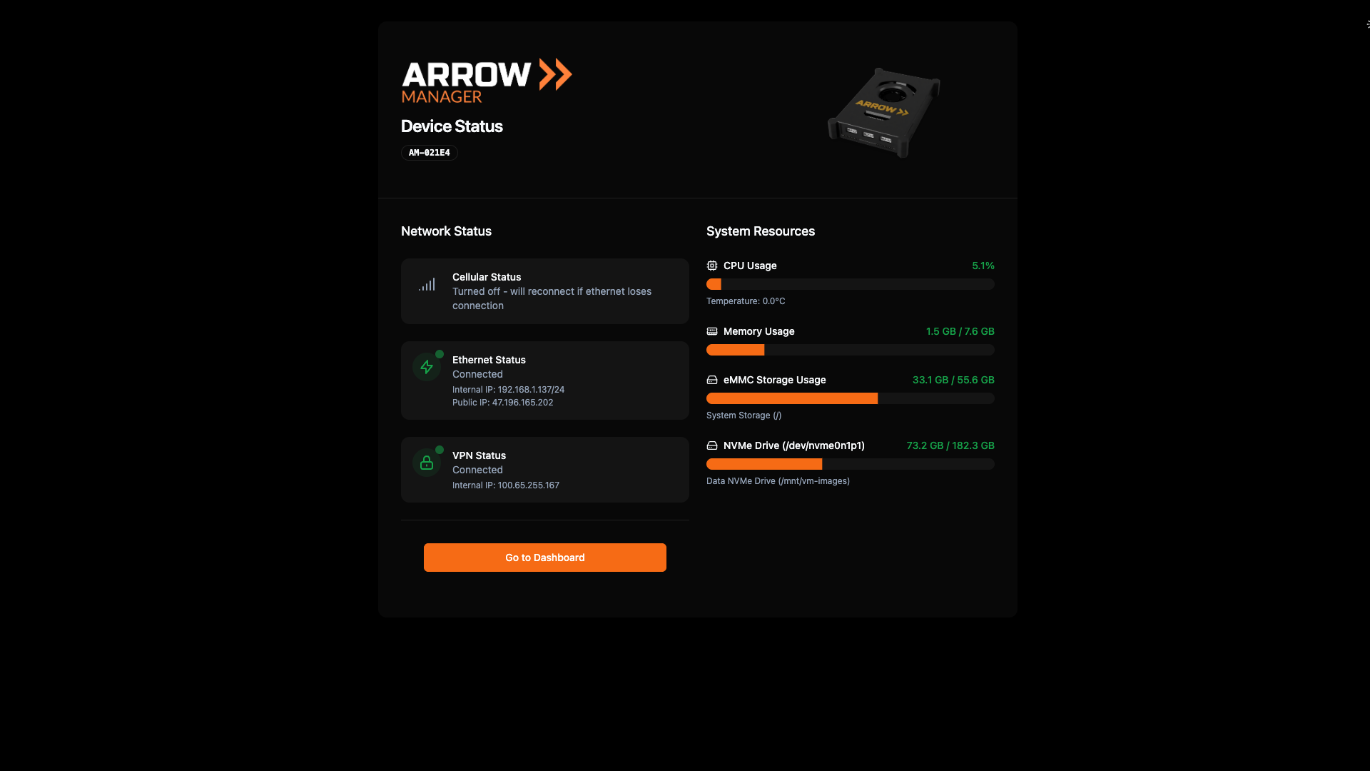 ARROW Manager Dashboard Login Screen