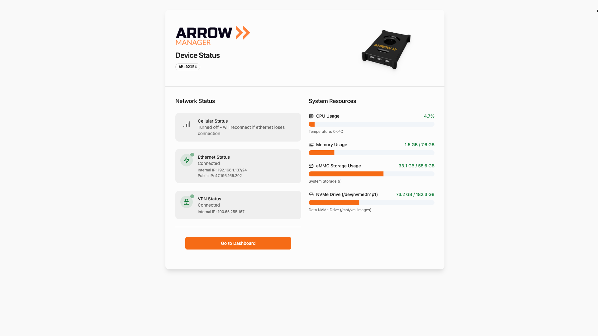 ARROW Manager Dashboard Login Screen